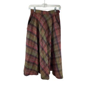 Vintage Brendella 100% Wool Plaid A-Line Midi Skirt Red/Green Academia Sz 0